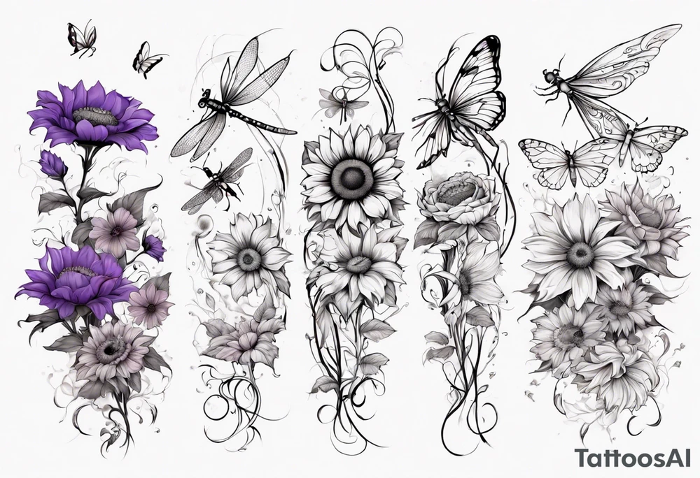 Arm sleeve, sunflowers, dragonflies, three cosmos flower, one violet, one carnation, vines , leaves and butterflies tattoo idea