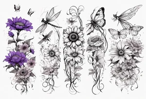 Arm sleeve, sunflowers, dragonflies, three cosmos flower, one violet, one carnation, vines , leaves and butterflies tattoo idea