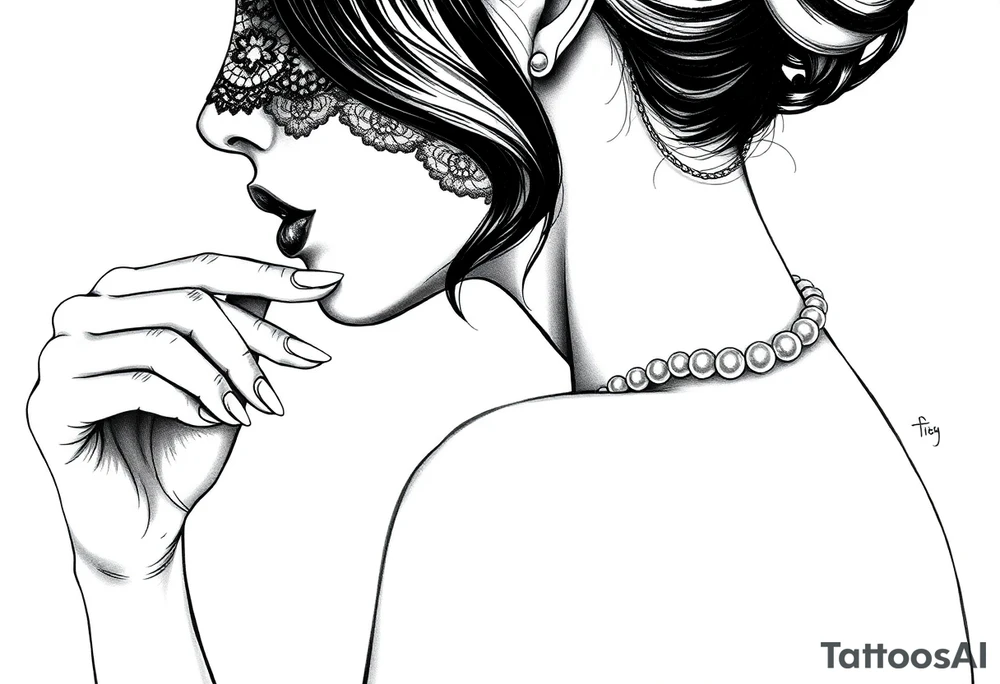 Black and white profile of woman with chin pressed on hand, lace covering  her eyes as and pearl necklace biting pearls sexy tattoo idea