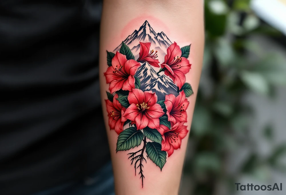 red  and black rhododendron trippy with Himalayas behind tattoo idea
