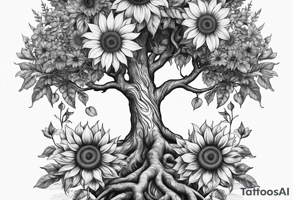 Feminine Yggdrasil tree with 2 sunflowers tattoo idea