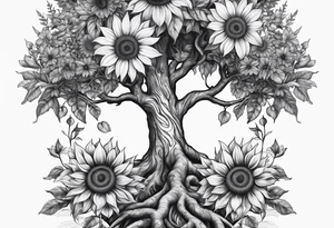 Feminine Yggdrasil tree with 2 sunflowers tattoo idea
