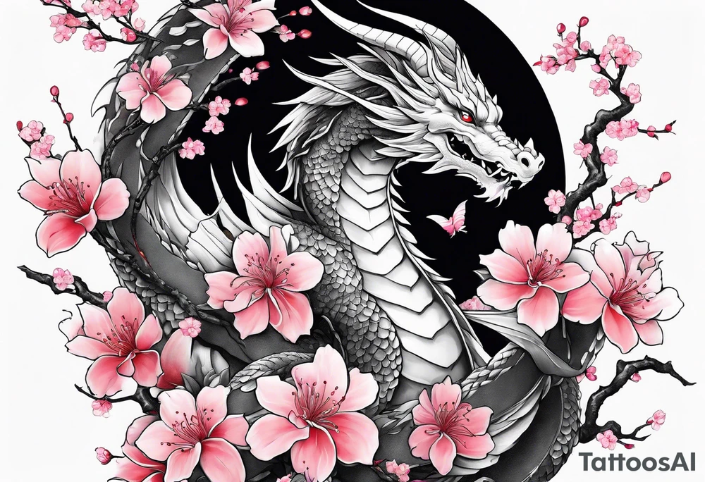 A dragon with wings covered in cherry blossoms on the thigh tattoo idea