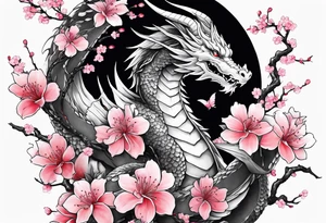 A dragon with wings covered in cherry blossoms on the thigh tattoo idea