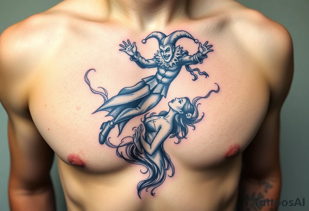 jester hovering over woman in smoke tattoo idea