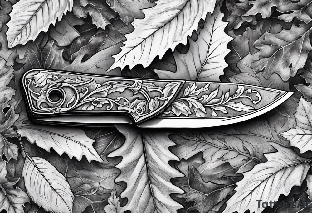 a straight razor lies in oak leaves. tattoo idea