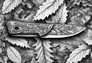 a straight razor lies in oak leaves. tattoo idea