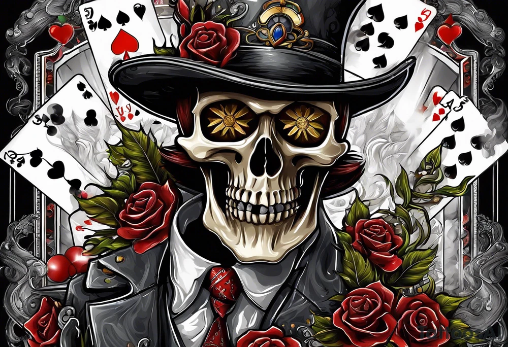 skeleton smoking cigar with poker chips, dealing the cards
Phrase: "Don't deal with the devil" tattoo idea
