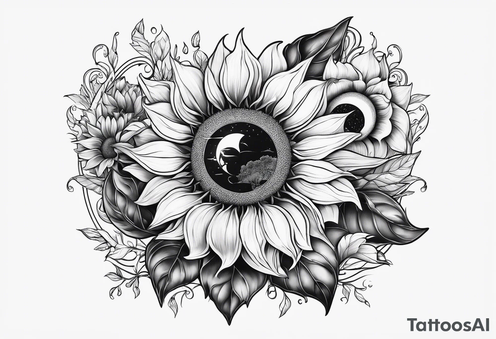 Sunflowers sun and moon tattoo idea