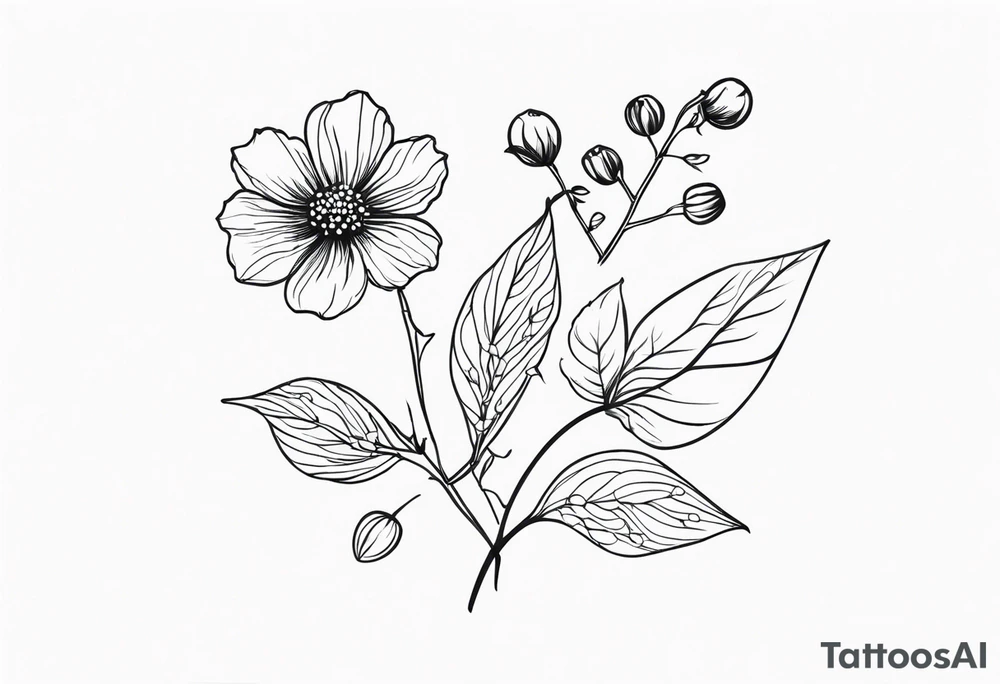 minimalist s-curve of cosmos flower, and rowan tree berries tattoo idea