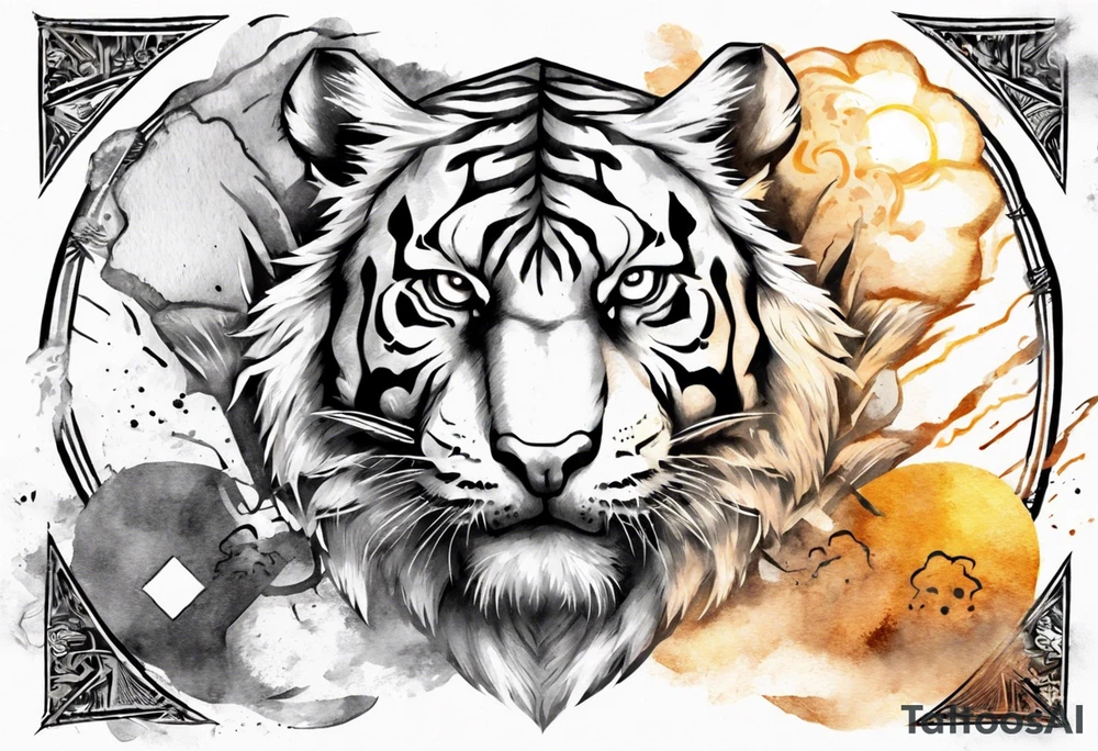 Ancient tiger with lightning and a sun for a forearm sleeve. With patterns surrounding it tattoo idea