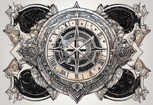 Matter, energy, space and time with an old stone theta symbol with stars in the background and Scorpio constellation tattoo idea