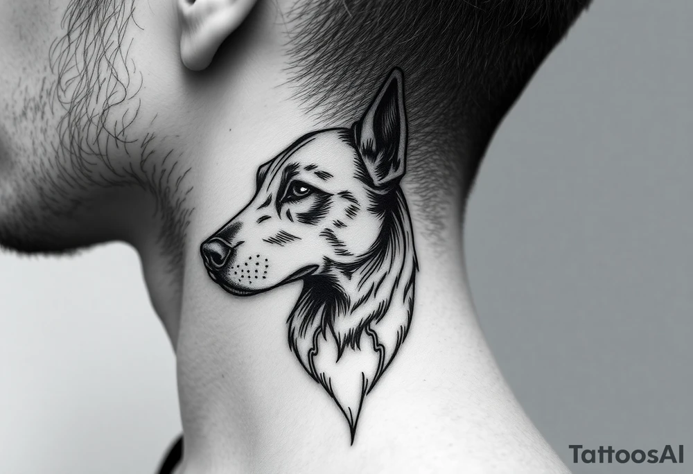 One lined black ink art . Of dog/Aquarius elegant portrait. On side of neck tattoo idea