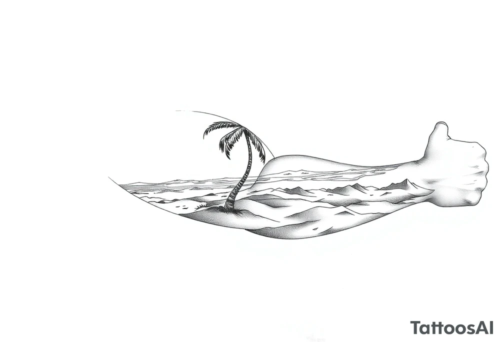 fine line, peaceful, serene, timeless, ocean, sand, palm tree, sun tattoo idea
