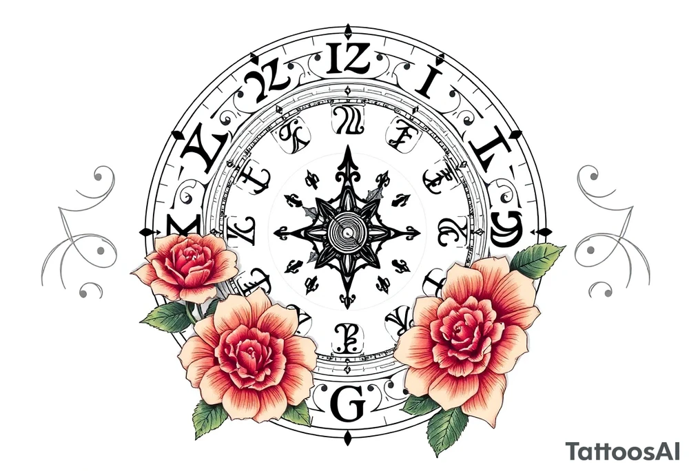 zodiac symbols and Norse runes within ornate clock with roses lilly sunflowers tattoo idea