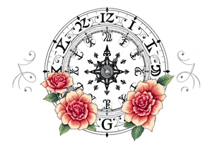 zodiac symbols and Norse runes within ornate clock with roses lilly sunflowers tattoo idea