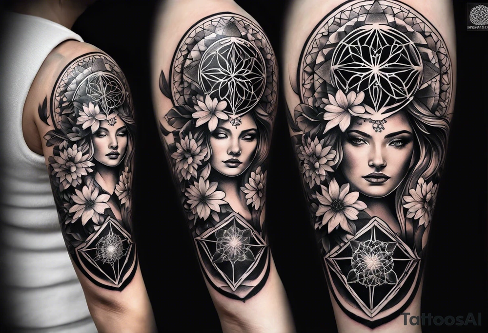sleeve tattoo for women with symbols of sacred geometry: metatron's cube, flower of life, kabbalah tree of life tattoo idea