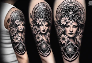 sleeve tattoo for women with symbols of sacred geometry: metatron's cube, flower of life, kabbalah tree of life tattoo idea