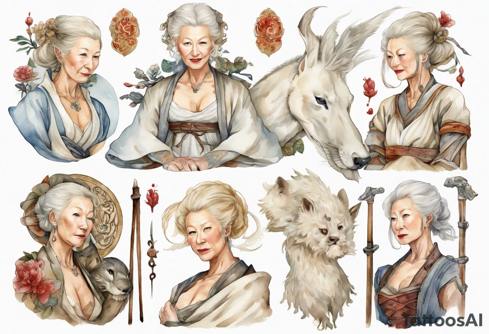 medieval Helen Mirren dressed in white tattoo idea