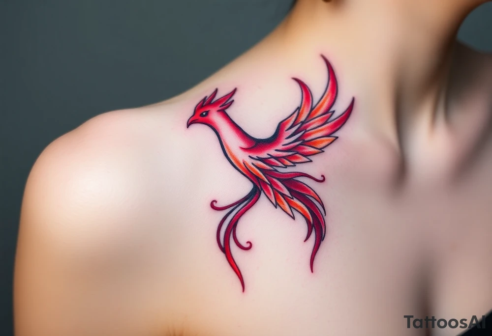 Phoenix rising from the ashes with the colors red, pink, orange and purple. Size 3 cm wide and 5 cm high tattoo idea