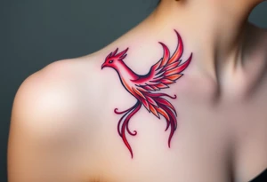 Phoenix rising from the ashes with the colors red, pink, orange and purple. Size 3 cm wide and 5 cm high tattoo idea