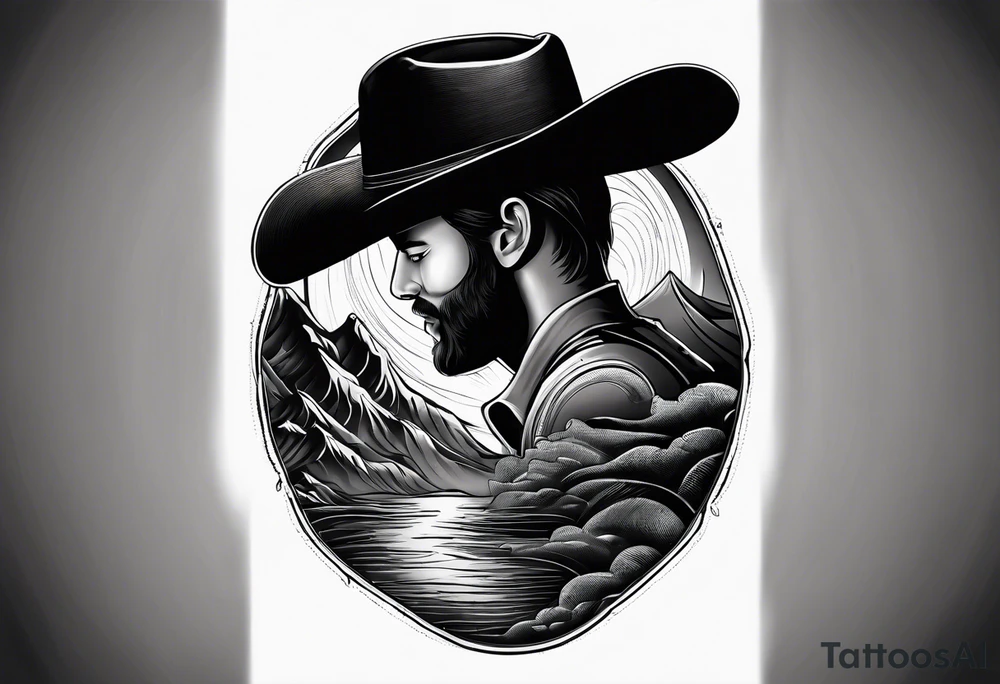 full sleeve tattoo.
Man with a cowboy hat, view from back, pistol
Half moon
Wave of an ocean
Mountain
Blended tattoo, with no obvious lines tattoo idea full sleeve tattoo.
Man with a cowboy hat, view from back, pistol
Half moon
Wave of an ocean
Mountain
Blended tattoo, with no obvious lines tattoo idea