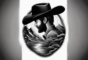 full sleeve tattoo.
Man with a cowboy hat, view from back, pistol
Half moon
Wave of an ocean
Mountain
Blended tattoo, with no obvious lines tattoo idea