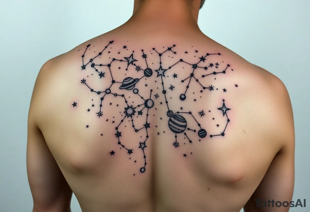 Give me a nighttime constellation tattoo with 10 different variances of stars of 40 stars, and additional cosmo items e.g. planets, etc.

It should fit on the left shoulder blade about 6 inches across and 4 high tattoo idea