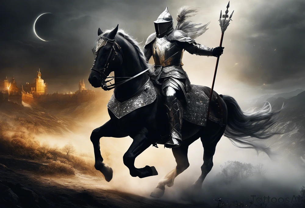 Dark art of the first horseman of the apocalypse. Wearing iron armor with a crown-shaped helmet, carrying a bow and arrows on the right hand, he rides a white horse that is strong and slender, wearing shiny ornaments on his face. It is not possible to see the face of the horseman, who is obscured by the darkness and fog of the image. It is important that the horseman is facing the image and that the image shows the entire body of both the horse and the rider. tattoo idea
