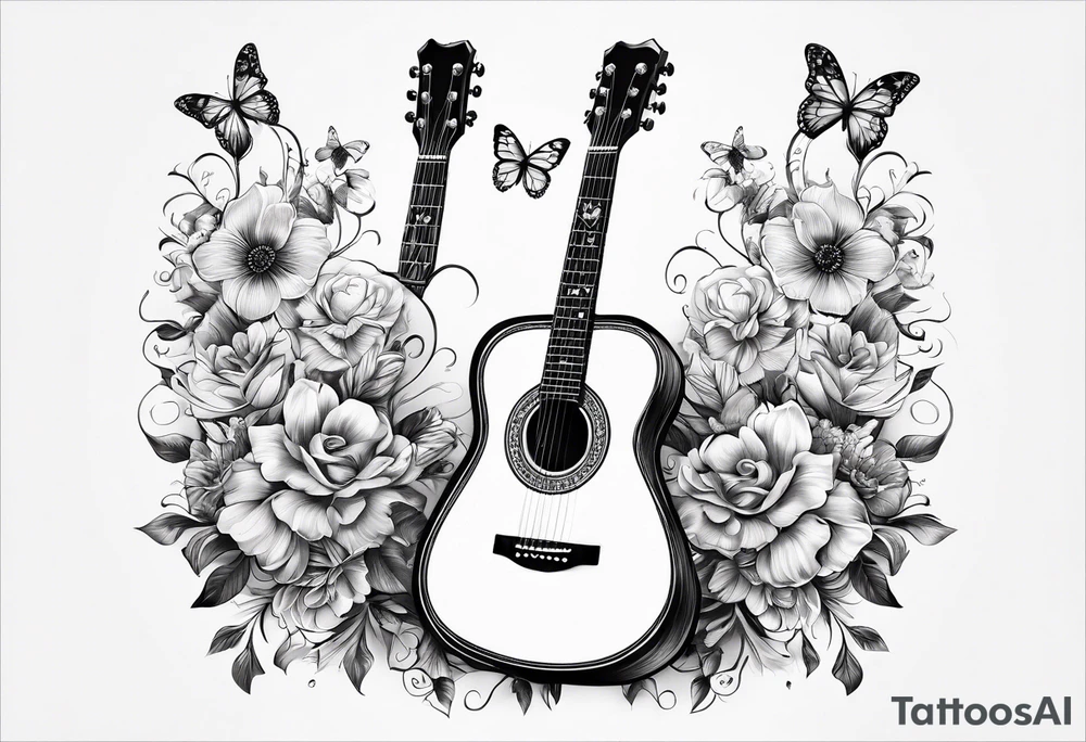 Guitar with flowers growing off the side, butterflies, small tattoo idea