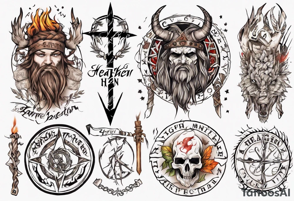 pagan sleeve with heathen writing tattoo idea