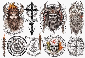 pagan sleeve with heathen writing tattoo idea