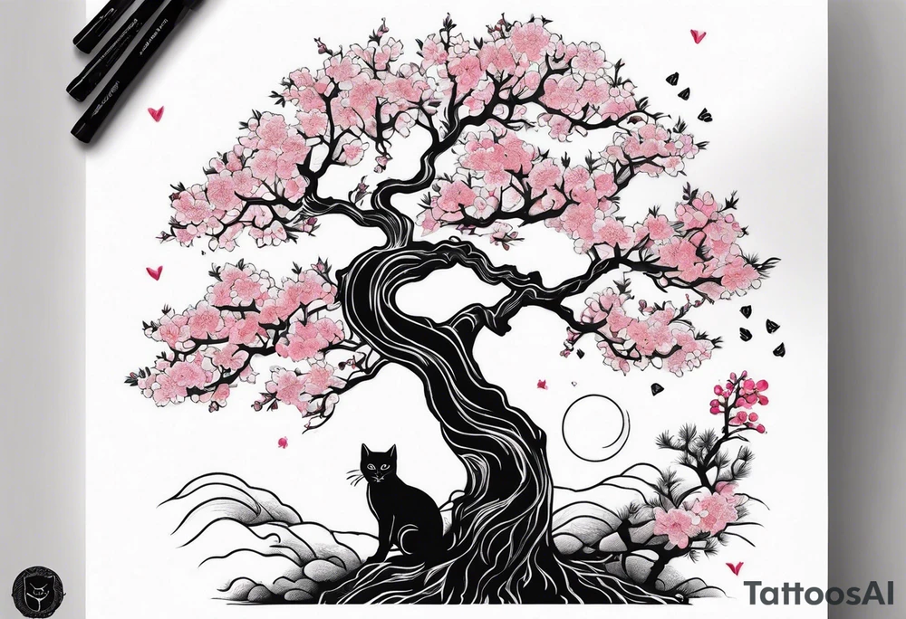 cherry blossom branch meeting with a dying pine tree with hidden cute demon cat tattoo idea