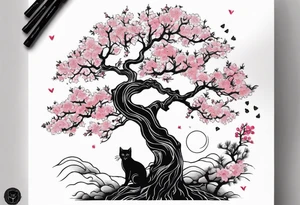 cherry blossom branch meeting with a dying pine tree with hidden cute demon cat tattoo idea