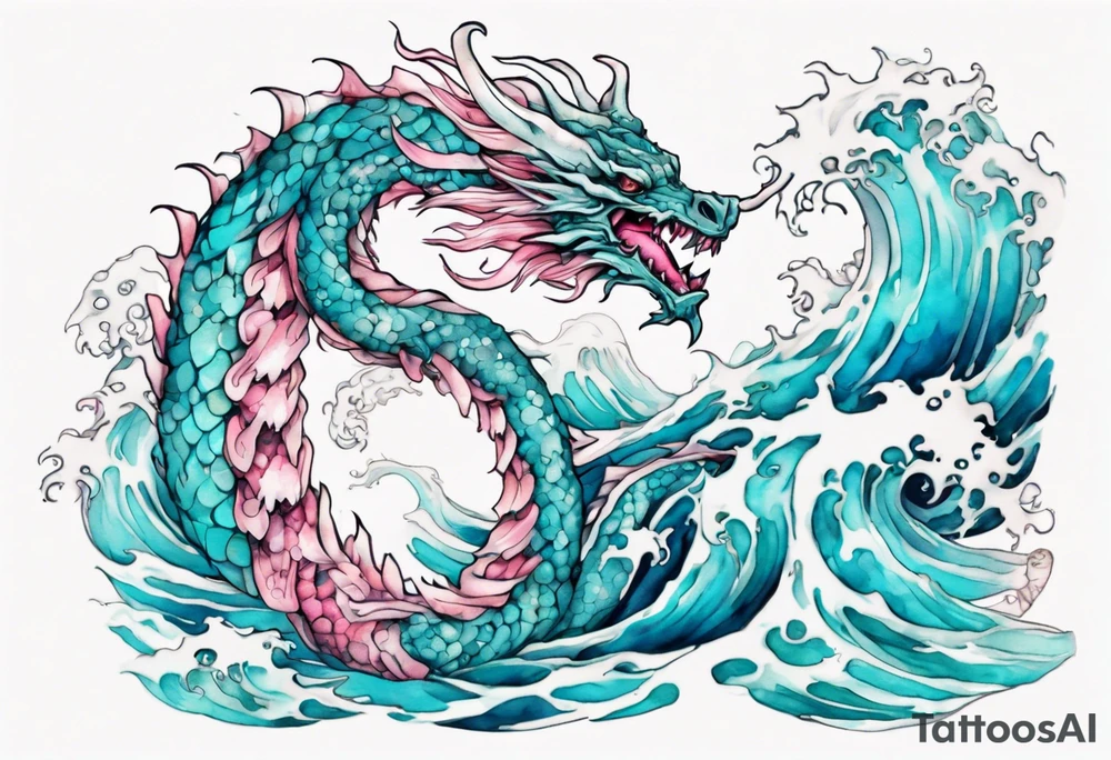 a beautiful turquoise pink and white wyrm rising from the blue waves of the ocean tattoo idea