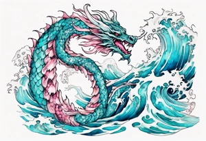 a beautiful turquoise pink and white wyrm rising from the blue waves of the ocean tattoo idea