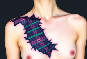 Lower chest

Dark Purple with green pink blue and white highlights tartan fabric with skin around edges peeling and wrapping around side of shoulder tattoo idea