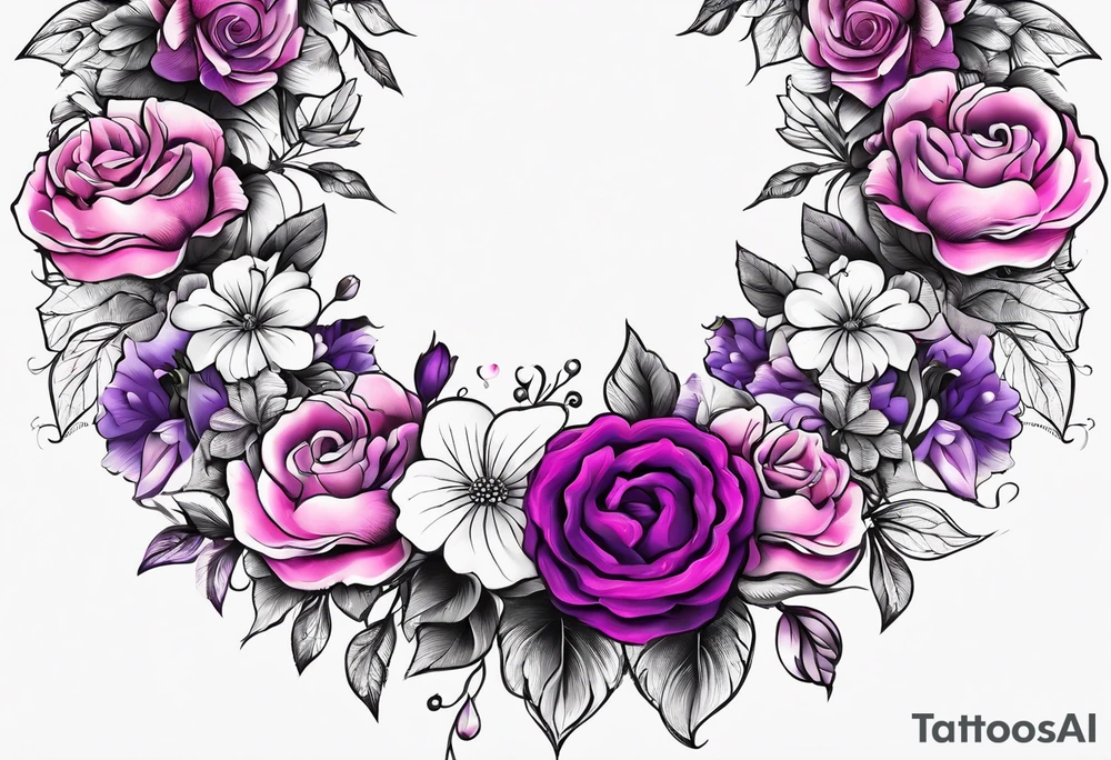 Flower wreath pinks and purples tattoo idea
