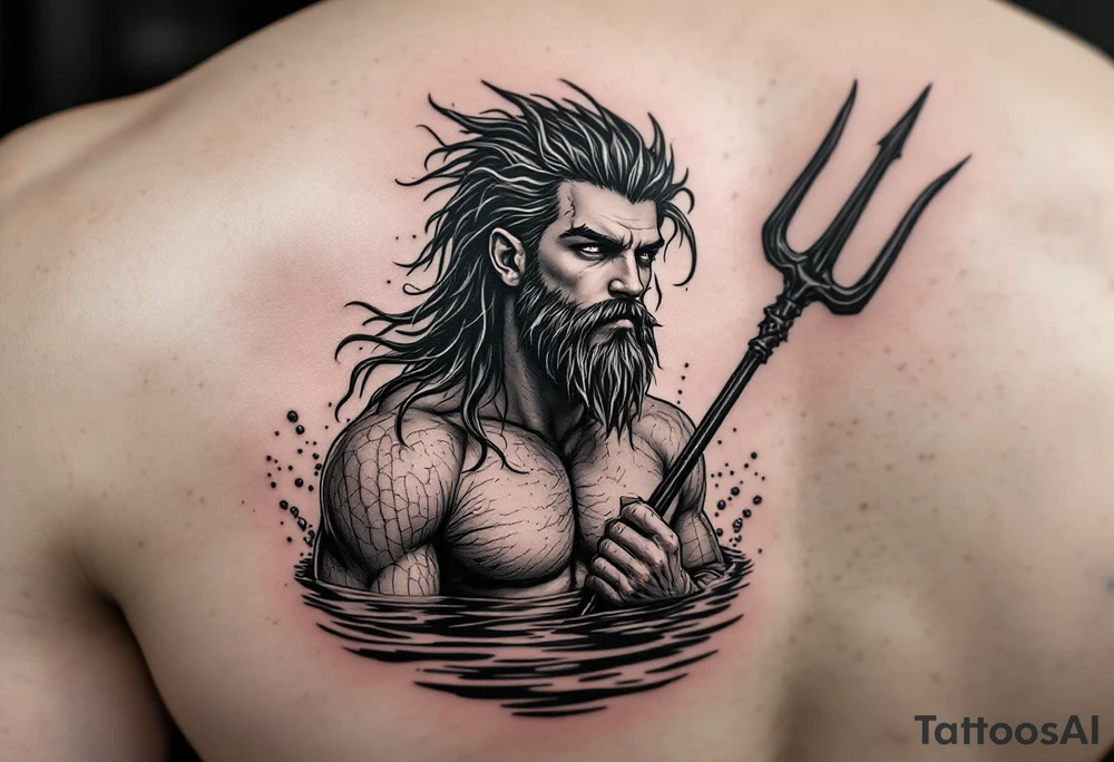 fit young poseidon, with trident, in calm water tattoo idea