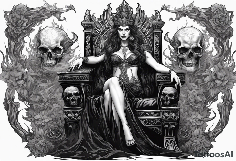 Hades wearing a black crown and Persephone on a throne in Hell sitting skulls with flame above tattoo idea