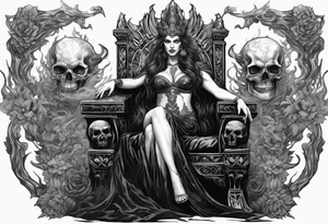 Hades wearing a black crown and Persephone on a throne in Hell sitting skulls with flame above tattoo idea
