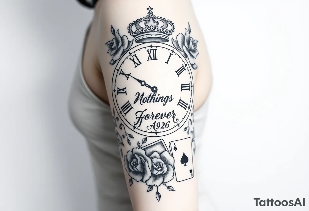 Roman clock with roses and a crown,  a quote that says nothings forever. and on the bottom a deck of cards tattoo idea