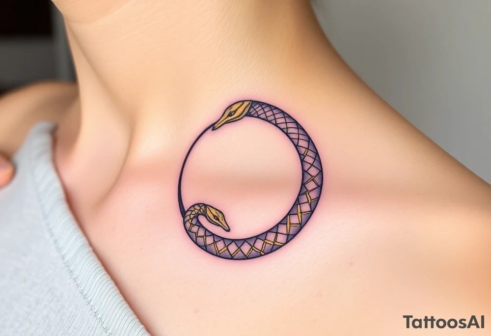A lilac and golden Ouroboros snake forming cyrcle, with cosmic patterns resembling a swirling galaxy within its body. tattoo idea