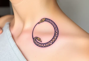A lilac and golden Ouroboros snake forming cyrcle, with cosmic patterns resembling a swirling galaxy within its body. tattoo idea