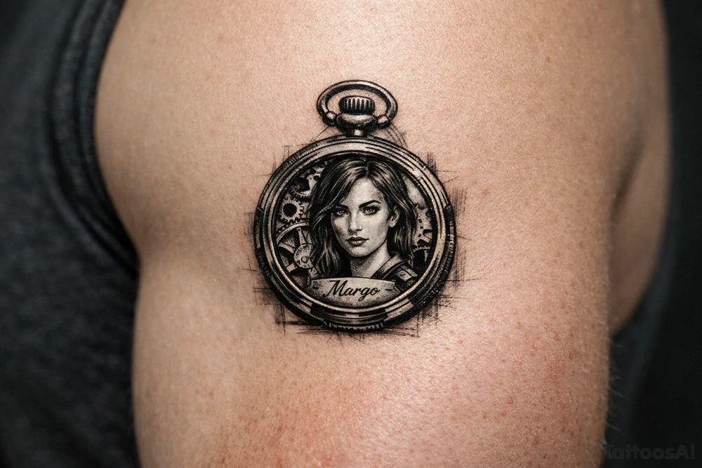 Realistic pocket watch with Margo's portrait inside, gears visible. tattoo idea
