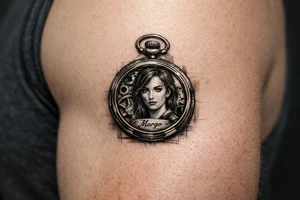 Realistic pocket watch with Margo's portrait inside, gears visible. tattoo idea