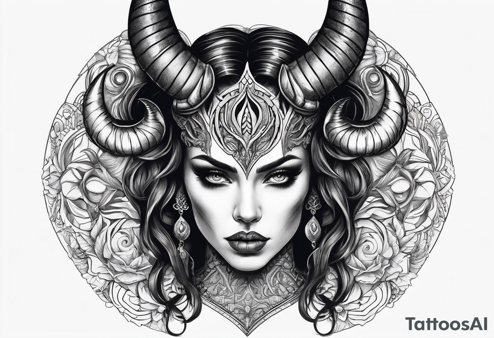 symmetrical beautiful horror woman head with curved horns facing downwards dark realism looking front facing view tattoo idea