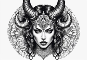 symmetrical beautiful horror woman head with curved horns facing downwards dark realism looking front facing view tattoo idea