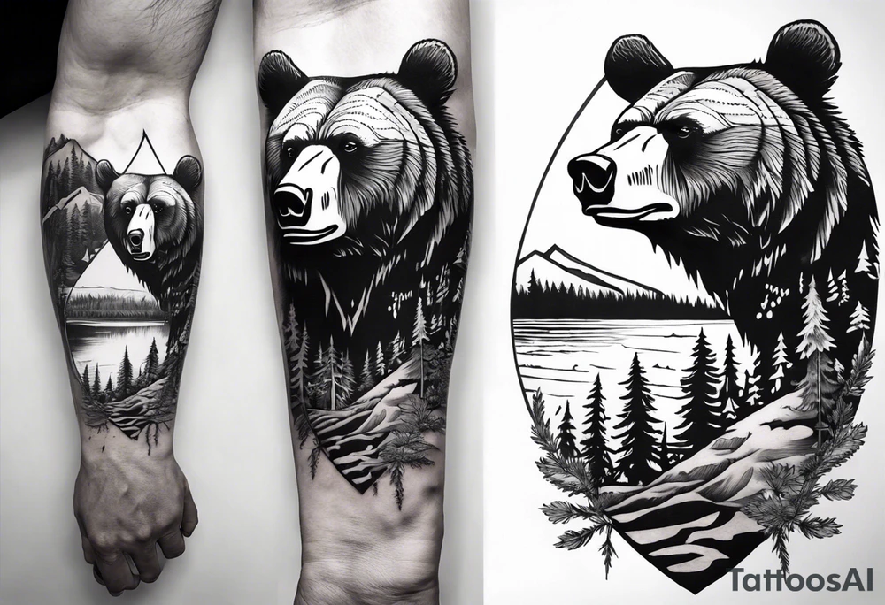 bear head right above the forest line with a lake below, full arm sleeve tattoo tattoo idea