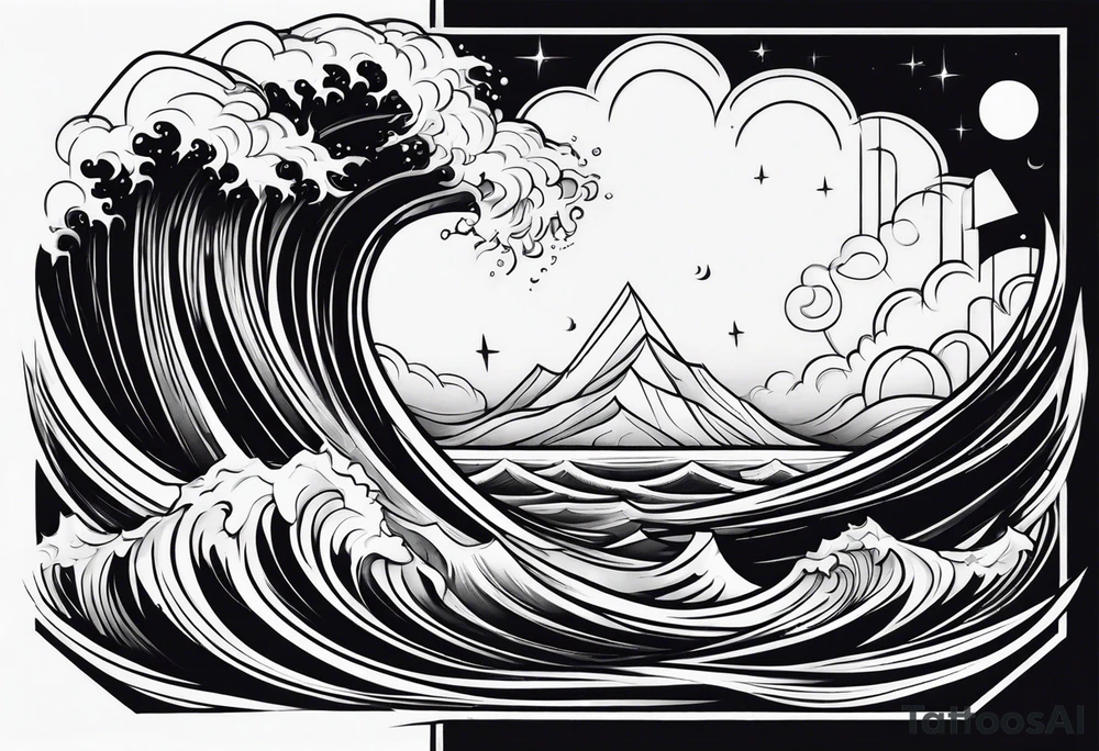 Geometric, sword, lightning bolt and waves tattoo idea